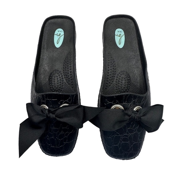 OKA. b Mules Black Croc Embossed Spa Shoes with Bow Size L (9.5-10.5) - Picture 5 of 9